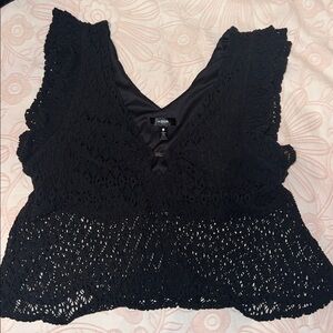 Aqua Black Crochet V-Neck Top